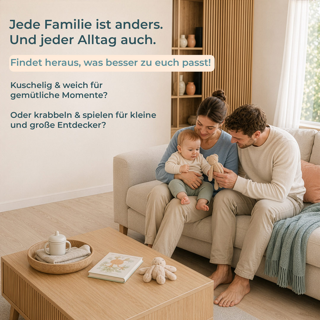 Familie sitzt gemütlich auf dem Sofa